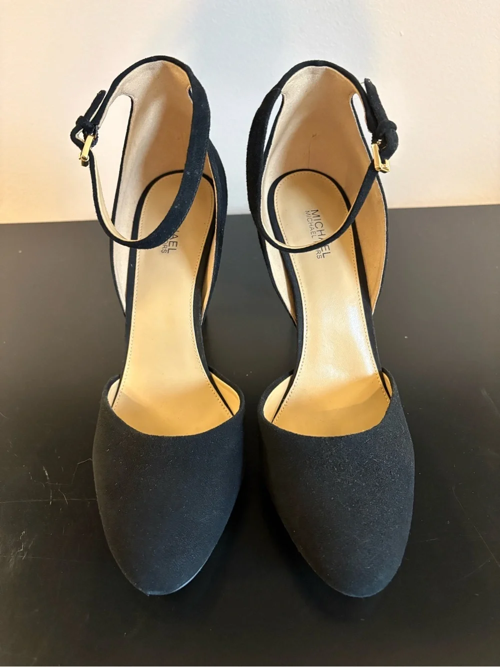 Michael Kors Black Suede Ankle-Strap Pointed-Toe Heels with Gold Accent